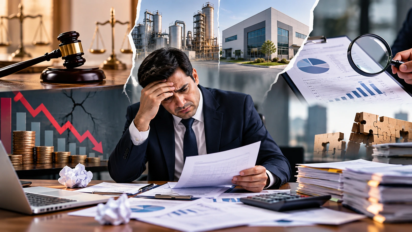 Stressed business professional reviewing financial documents with declining charts, legal symbols, and industrial assets highlighting risks of inaccurate valuation and financial misjudgment