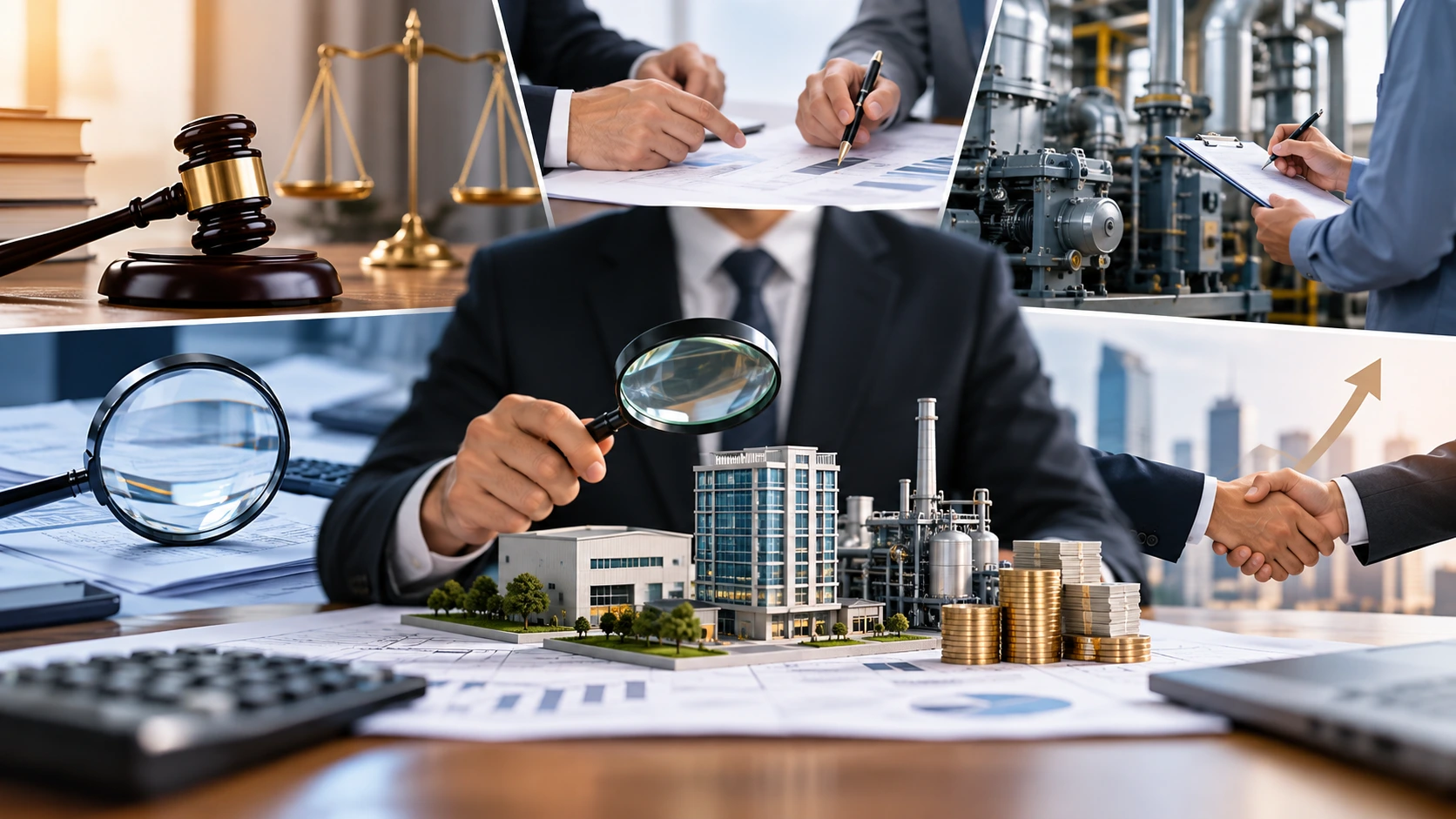Professional asset valuation scene showing business expert analyzing real estate, industrial assets, financial documents, and audit process in a corporate environment